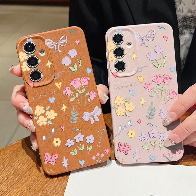 Cartoon Floral Bowknot Print Slim Phone Case For Samsung S25 S24 FE S23 Ultra A36 A56 A16 A55 A26 A35 Leather Texture TPU Soft Shockproof Matte Cover