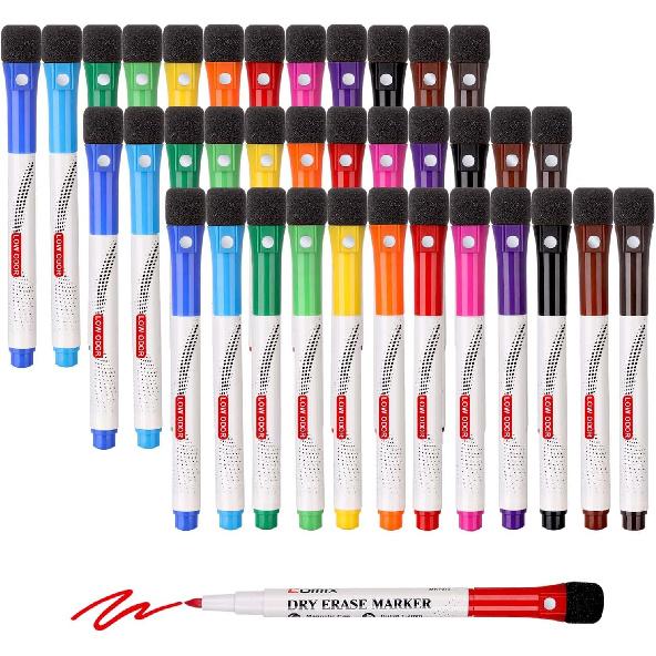 Comix Magnetic Dry Erase Markers, Fine Tip Black Whiteboard Markers with Eraser Cap, Low Odor Black Markers for Kids Teachers 36 Count 12 Colors