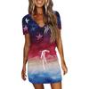 Women's Casual V-Neck Short Sleeve Drawstring Independence Day Printed Dresses