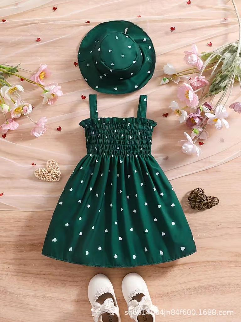 Toddler Girl Heart Smocked Dress and Hat Set Kids Beach Wear