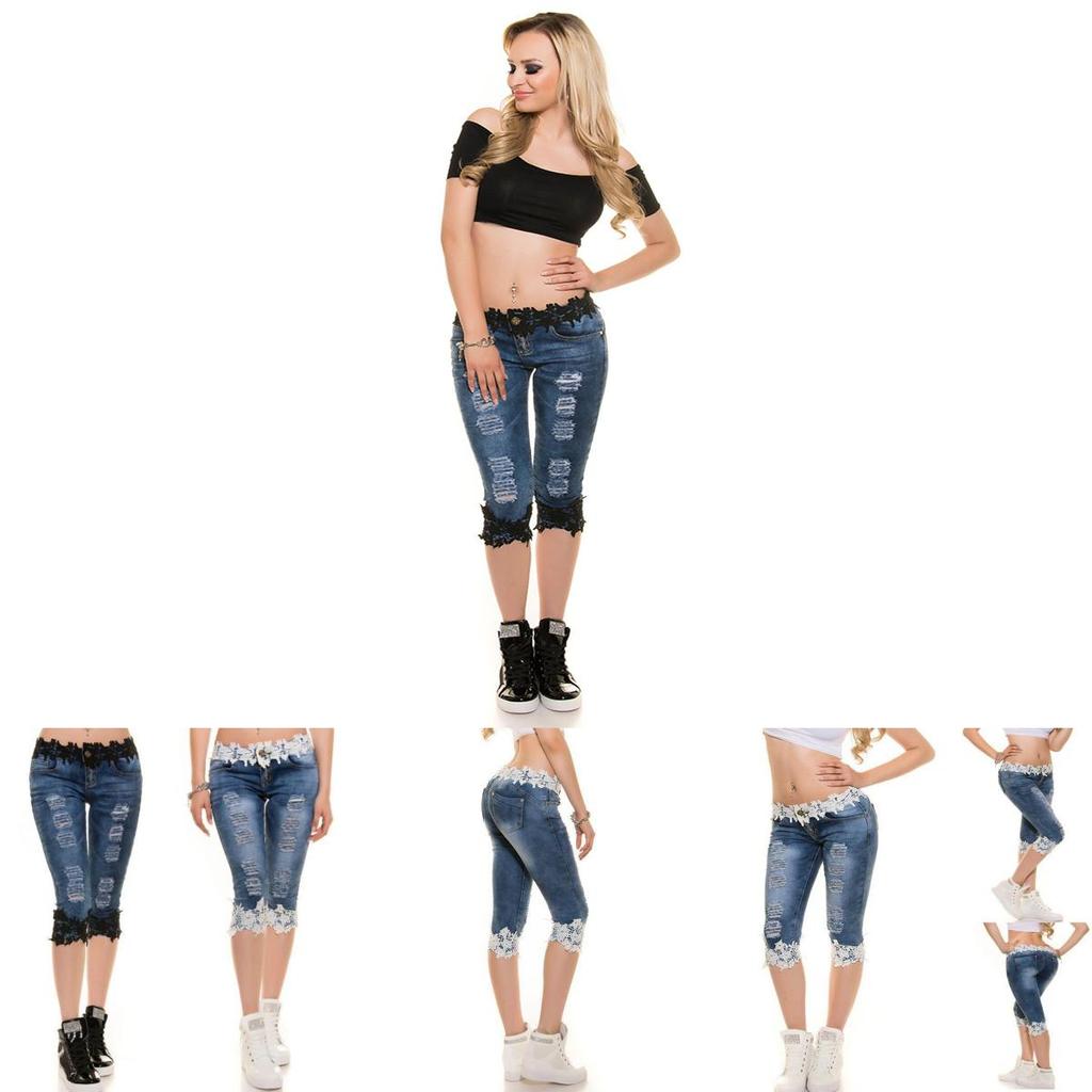 Stylish Women Jeans Lace Elastic Casual Big Size Cowboy Denim Shorts For Daily Wear