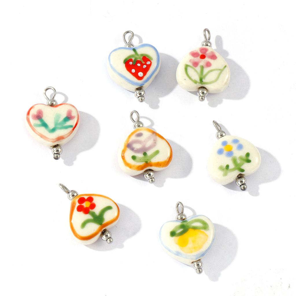 2Pcs Resin Double-Sided Charms Heart Painted Flower Strawberry 304 Stainless Steel Pendants For DIY Necklace Making 21mmx15mm