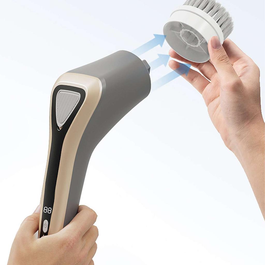 Wireless handheld multi-functional electric cleaning brush with long handle, retractable and waterproof, for cleaning kitchen dishes.
