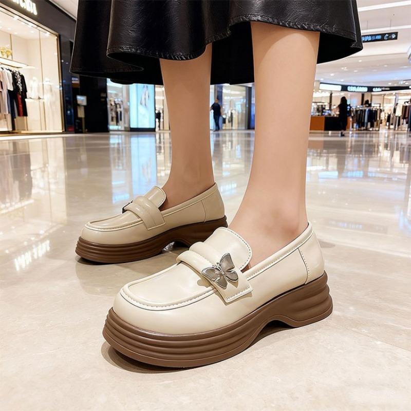 

New Women s Leather Shoes, Thick-soled Loafers, Chunky Heels, Mid-heel Single Shoes 40 бежевый
