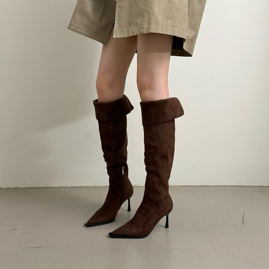New products in the year, two-wear Korean version of pointed suede folding stiletto over the knee boots, versatile side zipper boots
