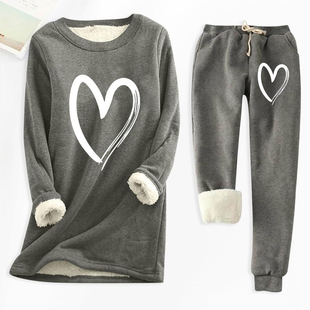 Ladies' Loose And Comfortable Round Neck Heart-shaped Printed Thick Long Sleeved Top With Cotton Pants Set