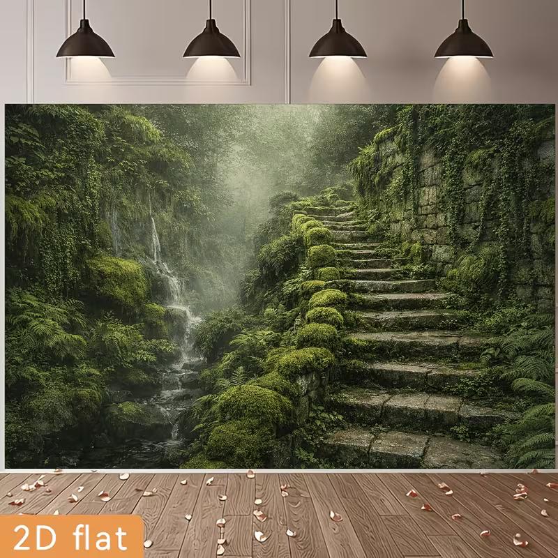 Enchanted Jungle Banner with Lush Ferns and Ivy Photo Booth Background Cloth