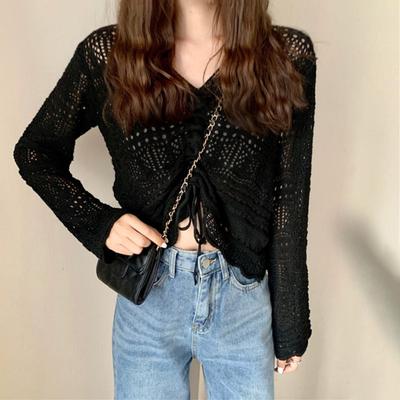 Women Cover Up Tops V-Neck Drawstring Design Long Sleeve Pullover Tops Solid Color Loose Fit Hollow Design Sunscreen Cover Up