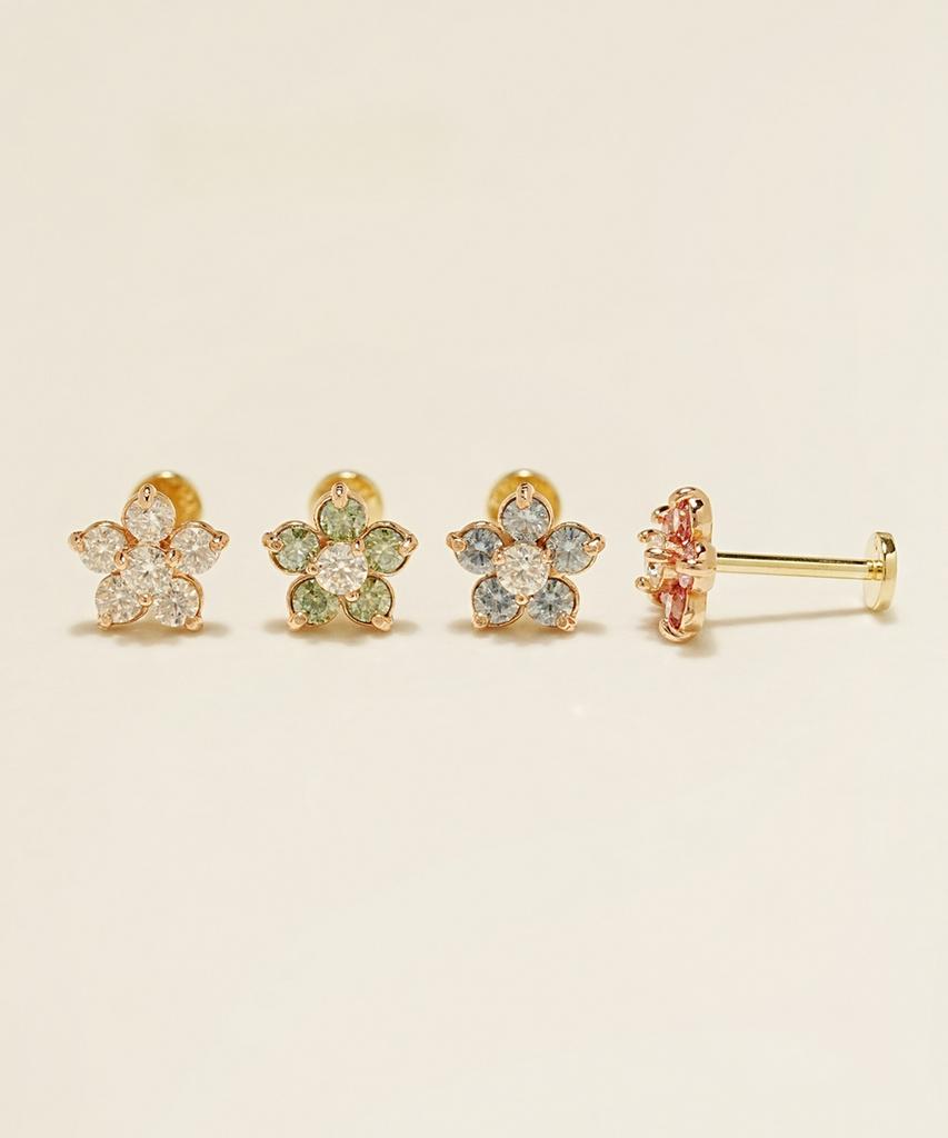Minimalpiercing 14K Internal Moissanite Diamond Flower Labret Piercing Earrings