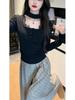 Pure Desire Lace Patchwork Square Neck Long Sleeve T-shirt for Women
