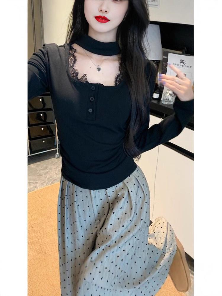 Pure Desire Lace Patchwork Square Neck Long Sleeve T-shirt for Women