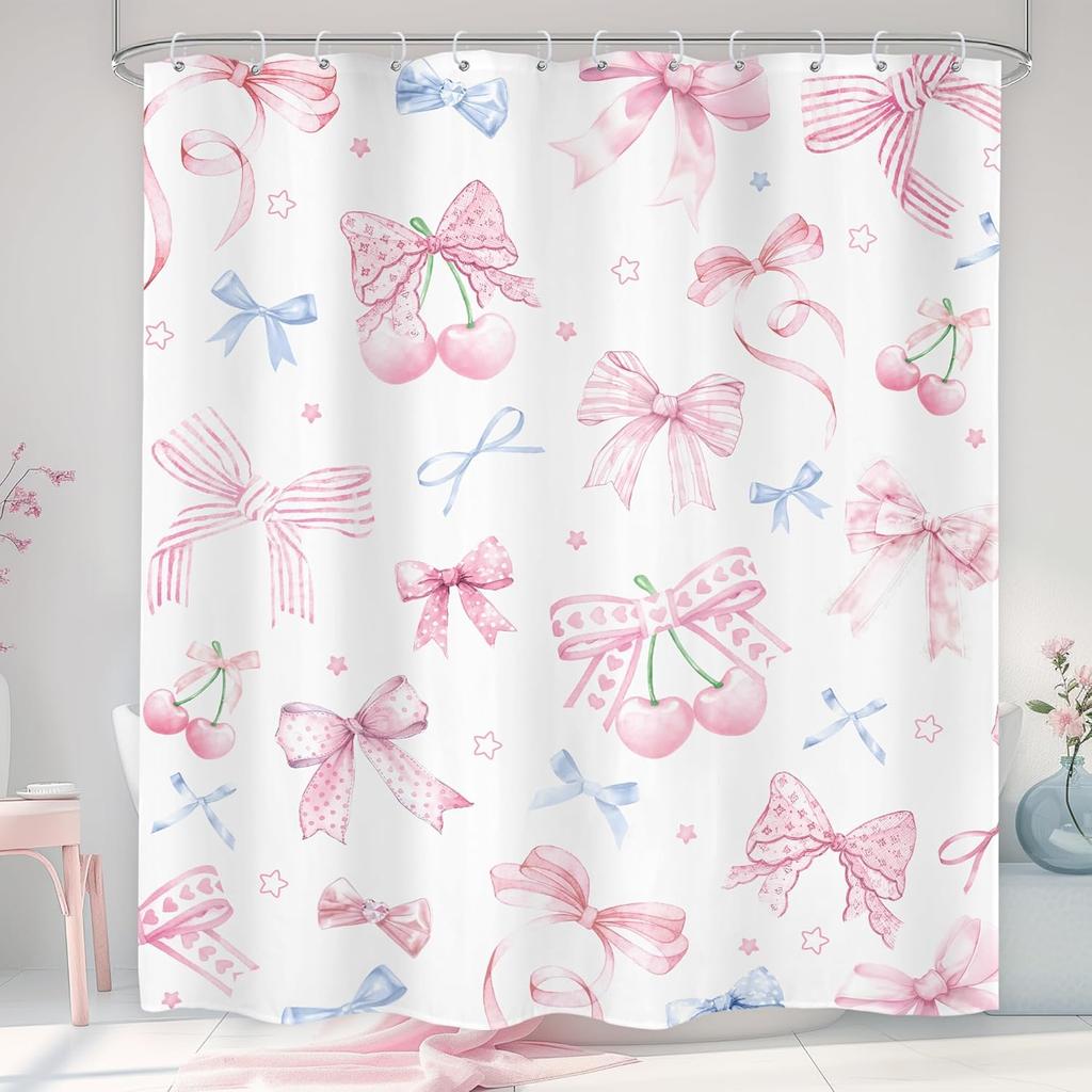 Pink Black Bow Shower Curtain Cherry Girly Preppy Modern Fruit Pretty Sweet Aesthetic for Girls Teens Cloth Fabric