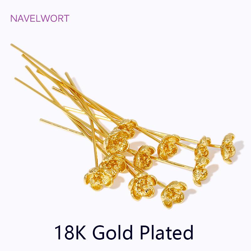 18K Gold Plated Flower Shape Pins High Quality Brass Metal Pins,For Jewelry Making Pins,Handmade DIY Beading Accessories 5 pieces-33mm