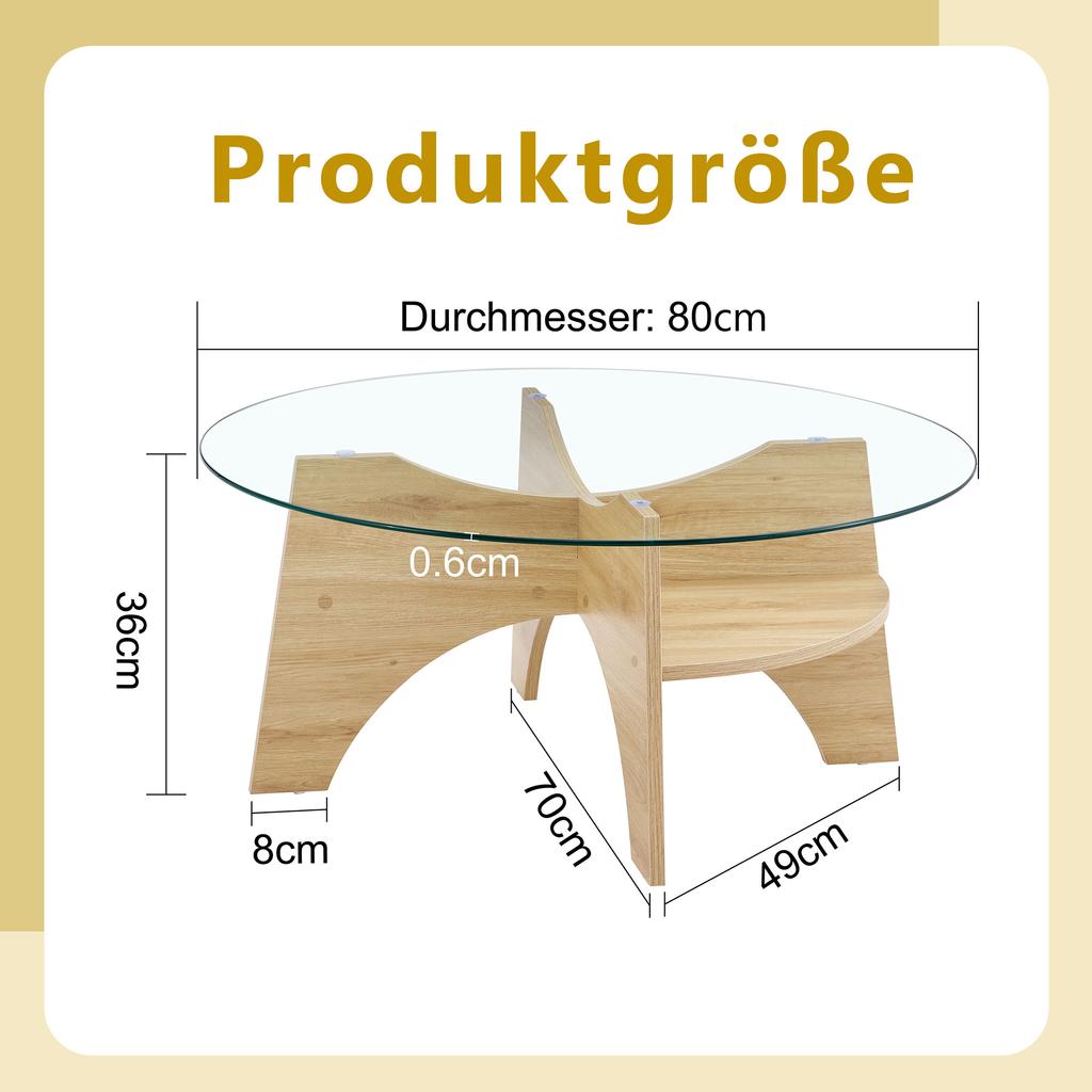 Modern Round Glass Coffee Table – diameter 80 cm with Transparent Top. Fan-shaped Frame, Table Legs MDF Natural Wood Tone. Ideal for Living Room.