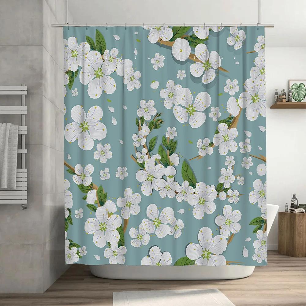 Cherry Blossom Shower Curtain Waterproof Bathroom Decorative Printed Fabric Shower Closures for Bathtubs Light Blue Color Patter