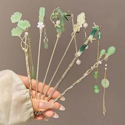 Nouvel Épingle à Cheveux Pompon Bambou Vert Style Chinois pour Femmes Rétro Élégant Fleur Long Bâton à Cheveux Hanfu Épingles Ornements de Cheveux