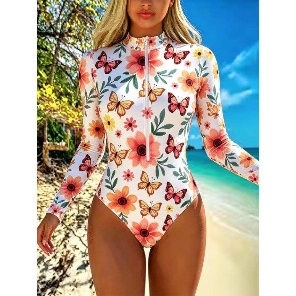 Damen Langarm Einteiler Badeanzug Reißverschluss Vorne Meeresblumen Muster Rash Guard Surfen Badeanzug 8XL beige