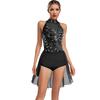 Body da ballo latino Chacha da donna S-XXL: Body Leotard Monopezzo Senza Maniche con Strass Scintillanti, Schiena Svuotata, Gonna Irregolare, per Ginnastica