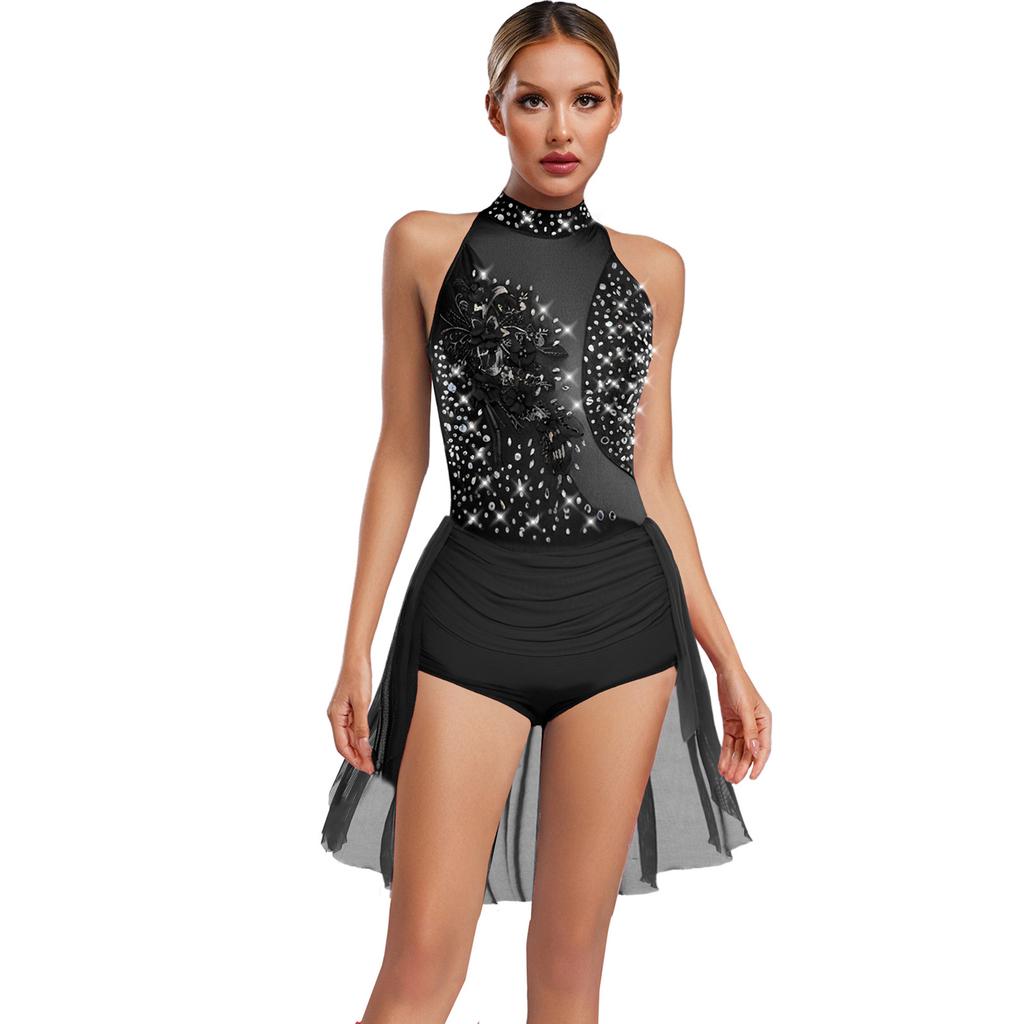Body da ballo latino Chacha da donna S-XXL: Body Leotard Monopezzo Senza Maniche con Strass Scintillanti, Schiena Svuotata, Gonna Irregolare, per Ginnastica