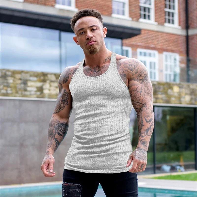 Muscleguys Einfache Laufwesten Sommer Schnelltrocknend Gestrickte Tanktops Fitnessstudio Fitness Ärmellos Streifen Enganliegende Hemden Herren Bodybuilding Kleidung