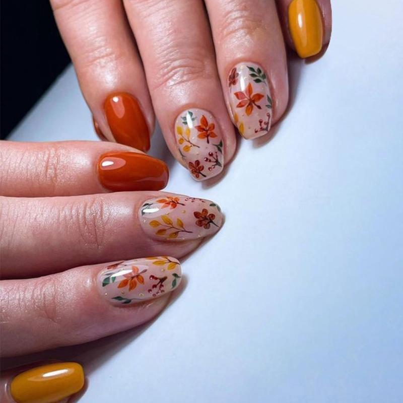 Autumn Winter Press On Nail 1 Set Glossy Ginger Leaves Design Easy Application Comfort Fit