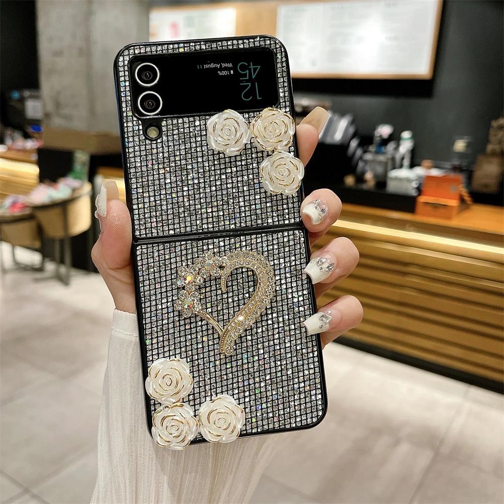 Luksusowe Błyszczące Diamentowe Etui Kameliowe dla Samsunga Galaxy Z Flip 4 5 Cover Matowe Twarde Odporne na Wstrząsy Etui Bumperowe Dla Z Flip3 Flip5 5G
