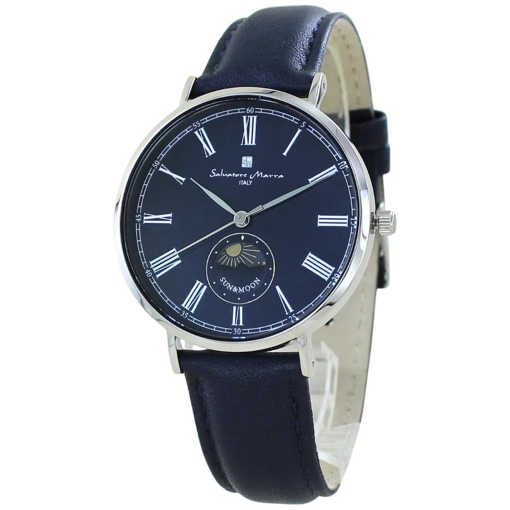 Salvatore Marra Men s Slim Quartz Watch Sun and Moon Leather Strap Navy with Shopper