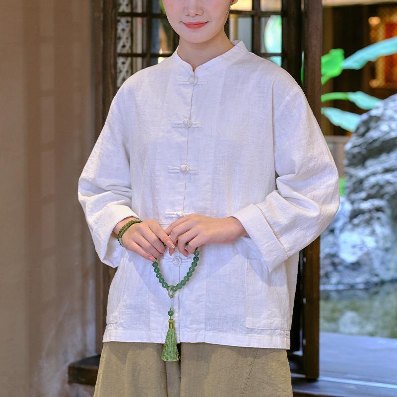 Johnature Frauen Chinesischen Stil Shirts Tops Leinen Patchwork Taschen Frühling Blusen Stehen Lange Ärmel Frauen Shirts