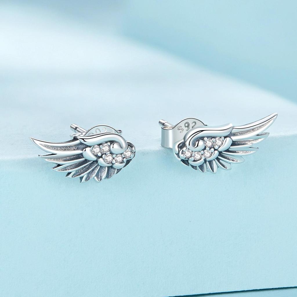 S925 Silver Angel Wings Earrings White Zircon Vintage Wing Stud Earring