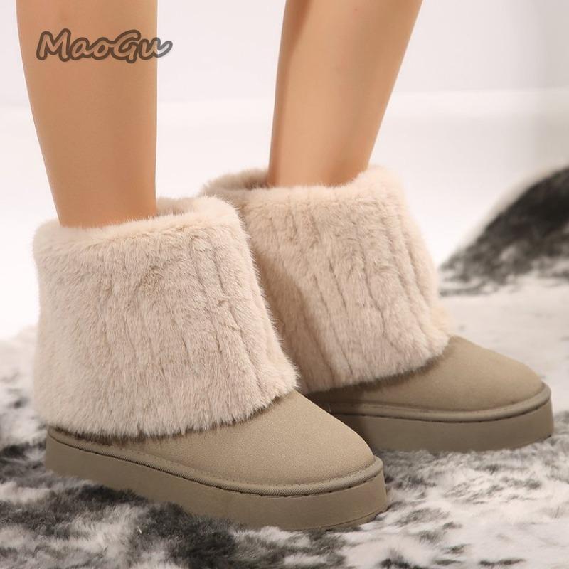 Warm Faux Fur Boots Tube Snow Boots Women 2025 Winter Round Toe Soft Thick Bottom Medium Heel Ankle Botas Winter Cotton Shoes