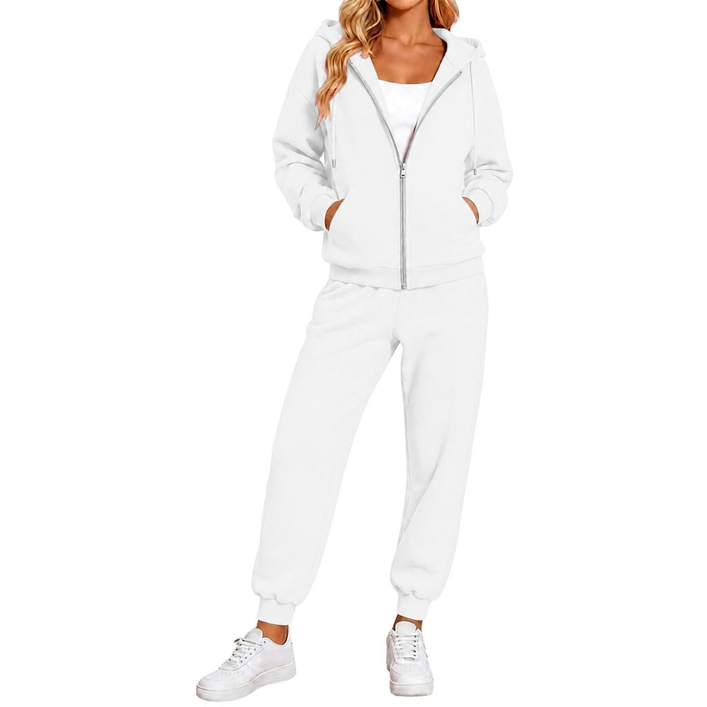 Women's Color Hooded Long Sleeve Track Suit with Pants for Running and Casual Wear