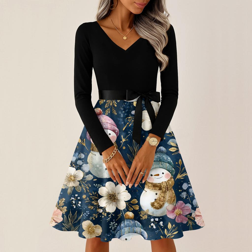 Ladies' Christmas Printed Casual And Fashionable V-neck Long Sleeved Dress