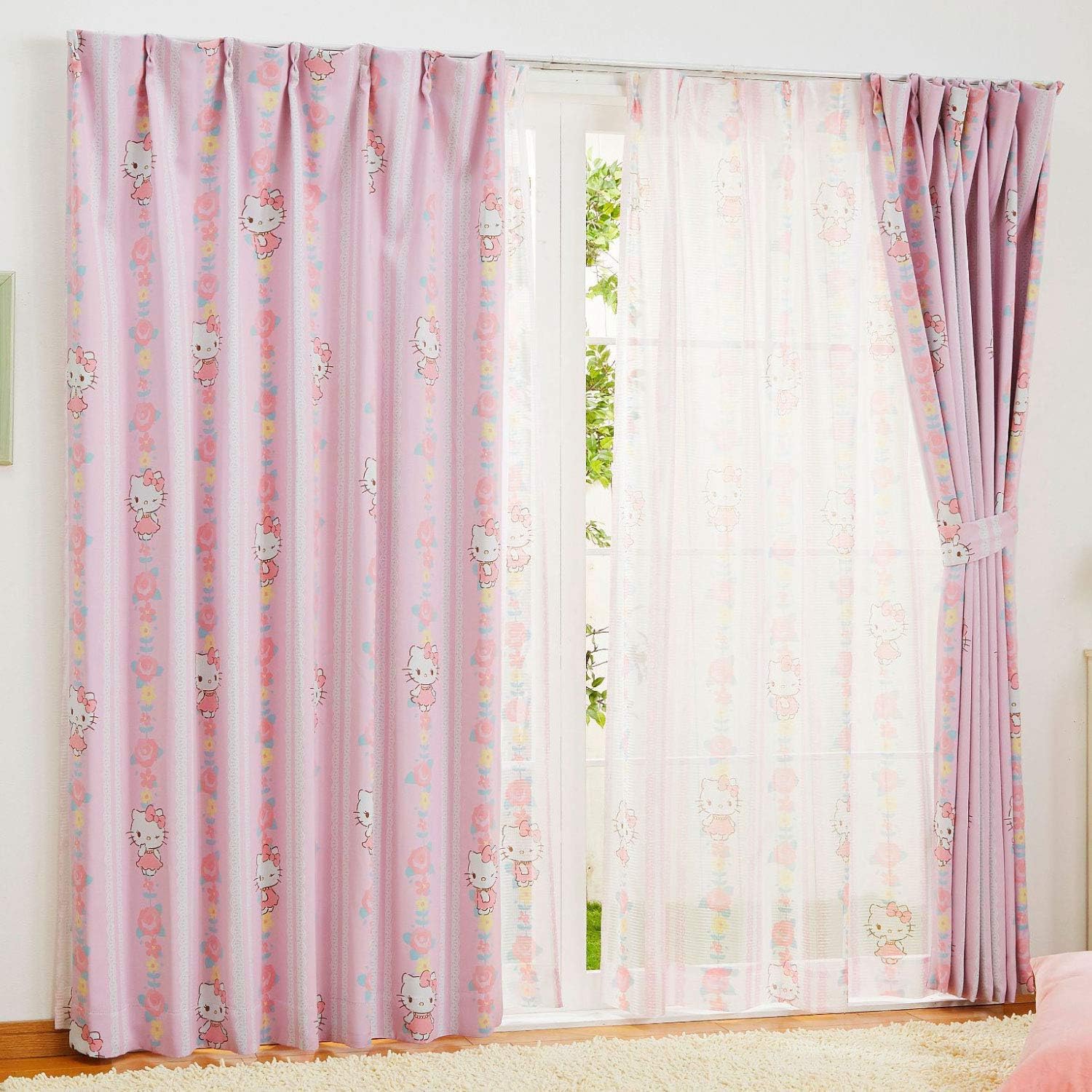 

Sanrio Hello Kitty 2nd Grade and Curtain Lace Curtain Set 2 Lace 100cm Wide x 135cm Long Light-Blocking Heat-Insulating + 4-Piece (2 Light-Blocking