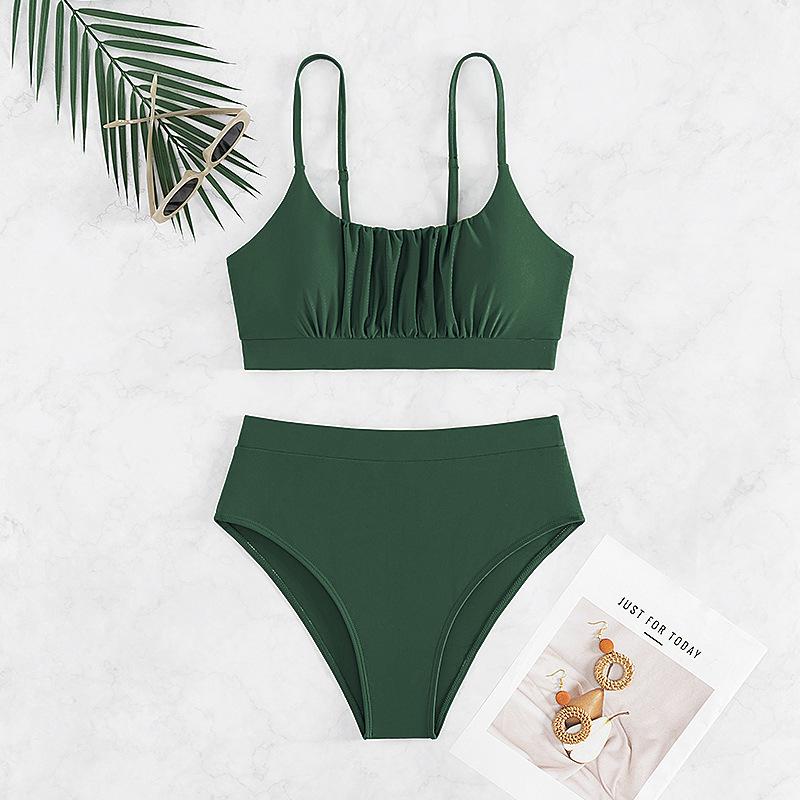

2024 European & American Style Solid High Waist Bikini - Sexy Split Swimwear S зелёный