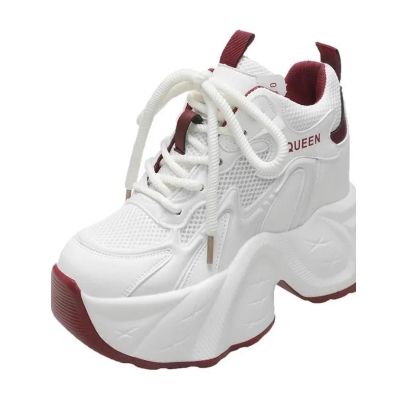 Fashion Women Casual Platform Sneakers 10CM High Heels Spring Sports Leather Dad Shoes Breathable Trainers Chunky Sneakers Zapatos Mujer