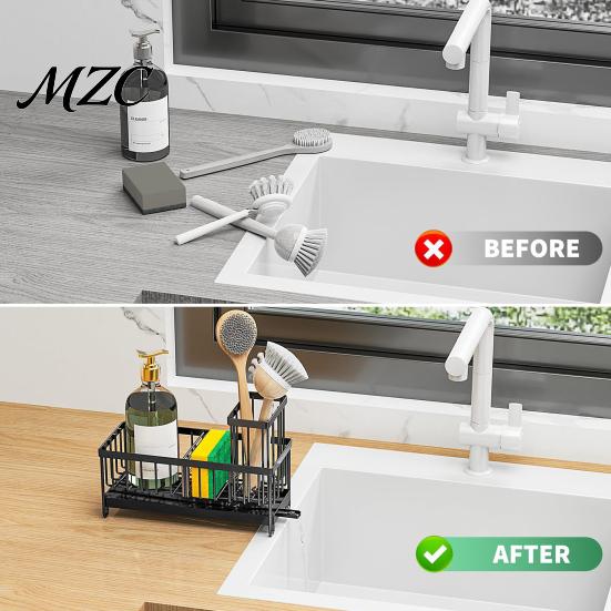 Soap And Knife Holder Sink Caddy Organizer with Drain Tray, Durable Carbon Steel Sponge Holder, Space Saving Rack Detachable for Dishwashing Brushes