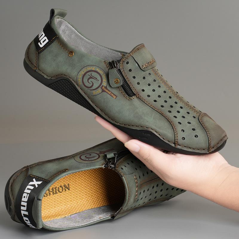 

Fashion Spring and summer new leather comfortable soft soled men s shoes, flat bottomed running sports and leisure loafers 38 армия зеленый