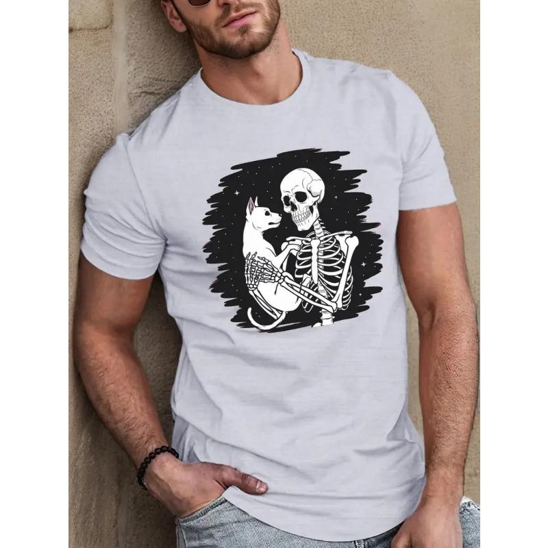 Men's Fashion T-shirt,Skull Handheld Dog Pattern Printed T-shirt, Summer Casual Short Sleeve Round Neck T-shirt, Geometric Printing, Machine Washable