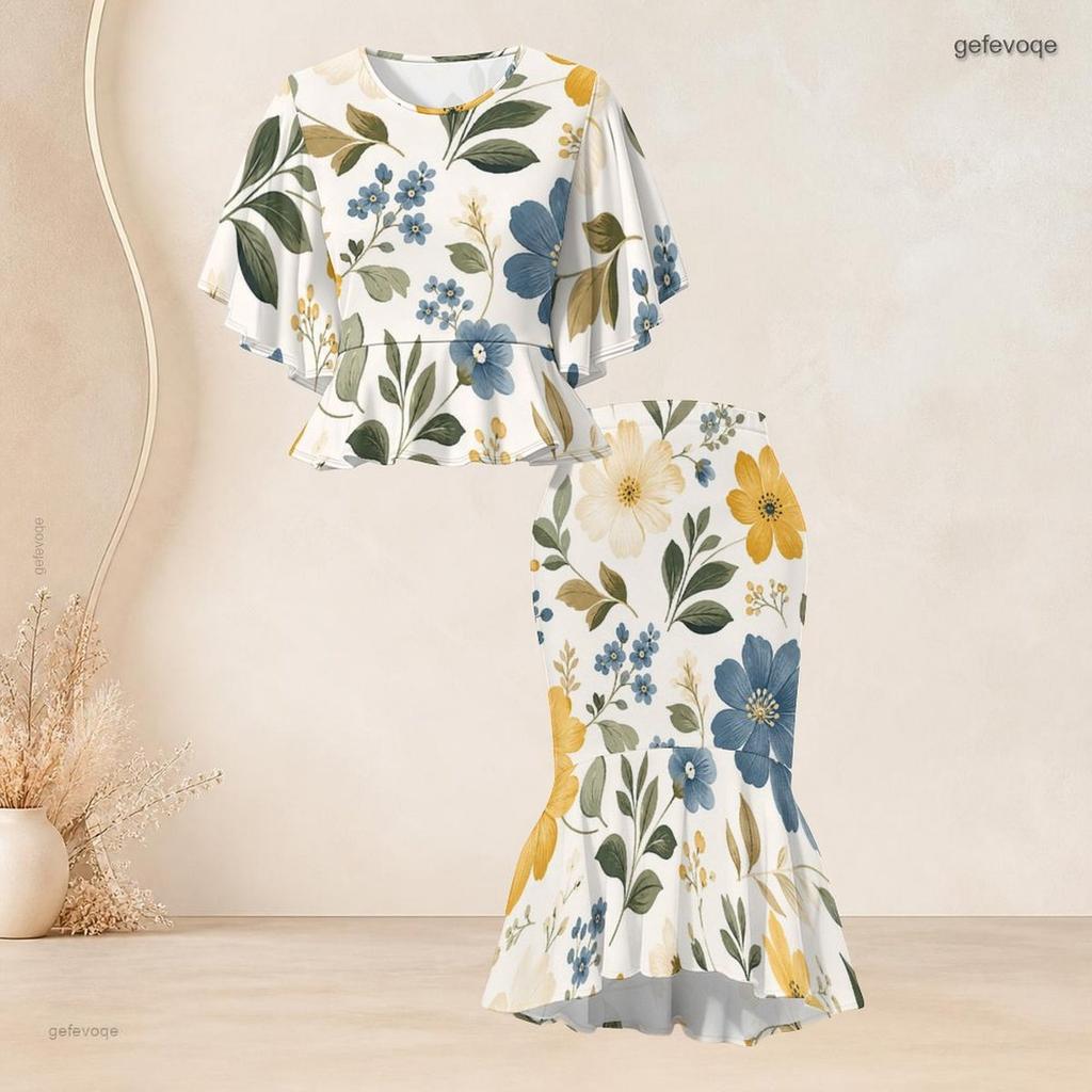 Women Plus Size Two Piece Set Crewneck Batwing Sleeve Printed Ruffle Hem Top Fishtail Skirt