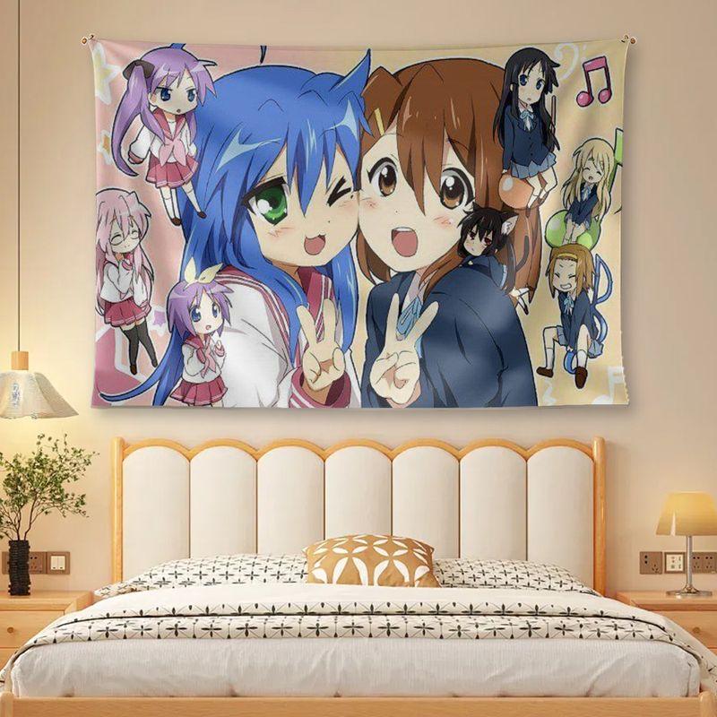 Japanese Lucky Star Light Tone Girl Linkage Anime Tapestry, Kawaii Wall Hanging for Bedroom Dorm Decor