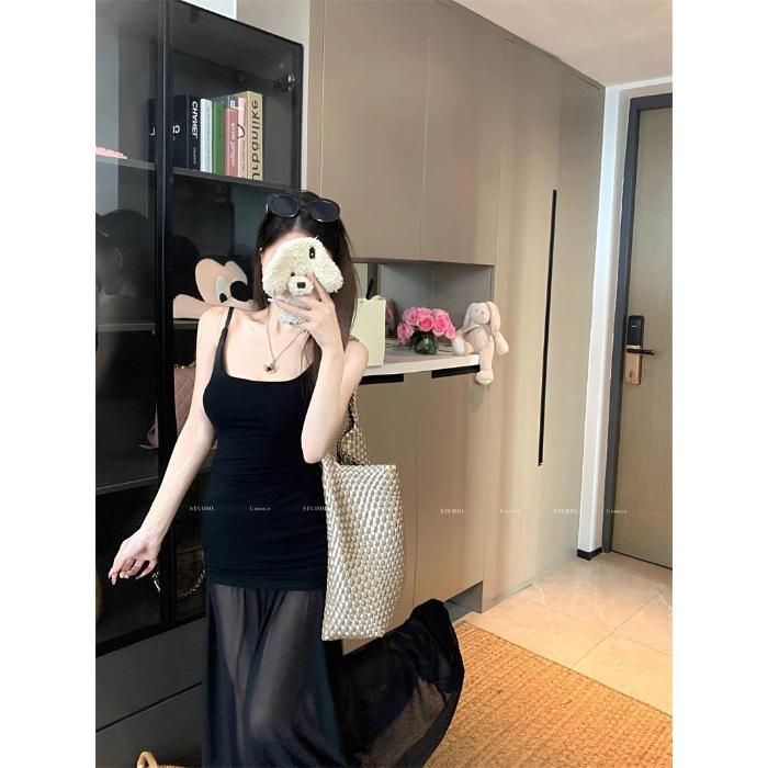 

Mesh stitching black suspender dress women s summer elastic slim-fit knitted long dress pure waist and hip skirt S