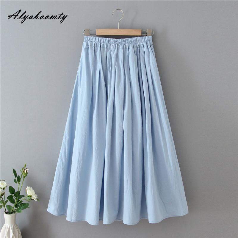 Japanese Mori Girl Summer Women Light Blue Skirt Elastic Waist Cotton Pleated Skirt Sweet Elegant Ladies' Chic Skirt