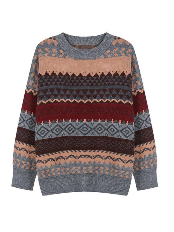 Women's Retro Color Block Christmas Knitted Pullover Sweater