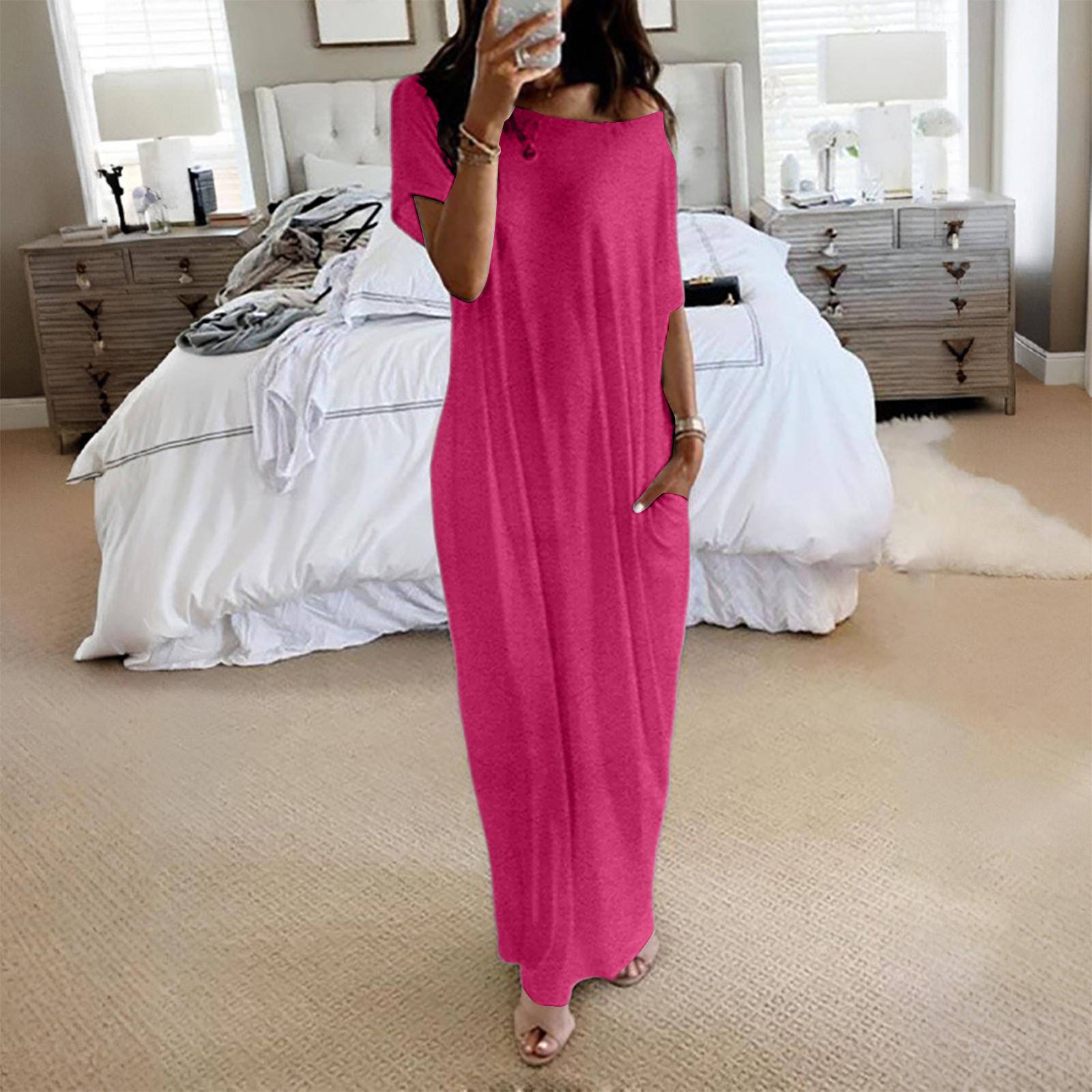 Women s Fashion Color Short-Sleeved Long Casual Dress M