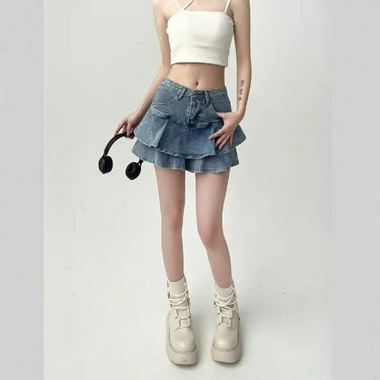Women's High Waist Ruffle Denim Mini Skirt - Summer A-line Bodycon Fishtail