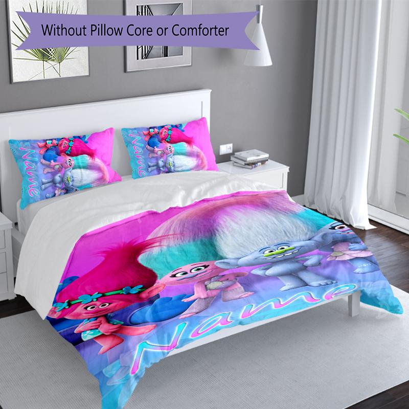 3pcs Custom Name Trolls Bedding Set,Includes 1 Duvet Cover and 2 Pillowcases,All-season Bedroom Decor