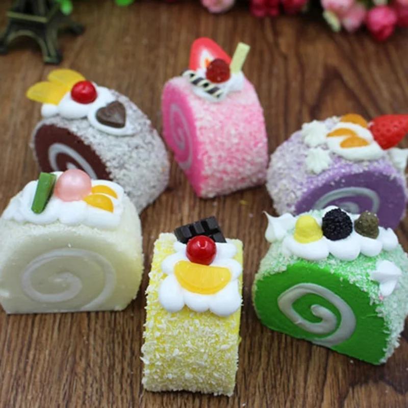 2 Pcs PU Simulation Cream Swiss Roll Dessert Fruit Cake Lifelike Fake Miniature Food Kitchen Decor Refrigerator Sticker(Random)