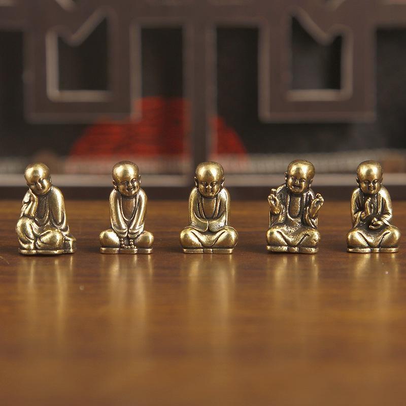 Vintage Mini Brass Zen Monk Statue Collectible Tea Pet for Office Desk Yoga Room Meditation Decor