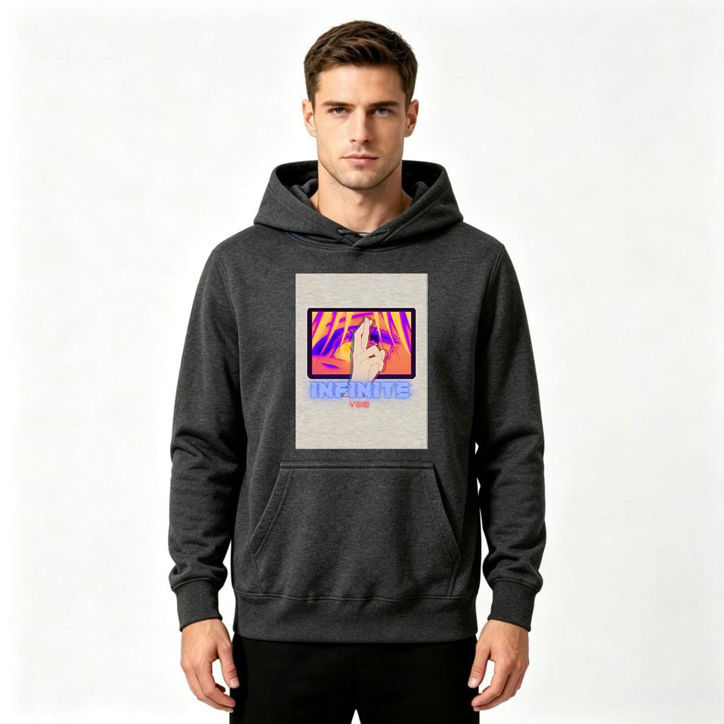 Men's Retro Anime Hand Gesture Print Pullover Hoodie Casual Long Sleeve Loose Hooded Sweatshirt