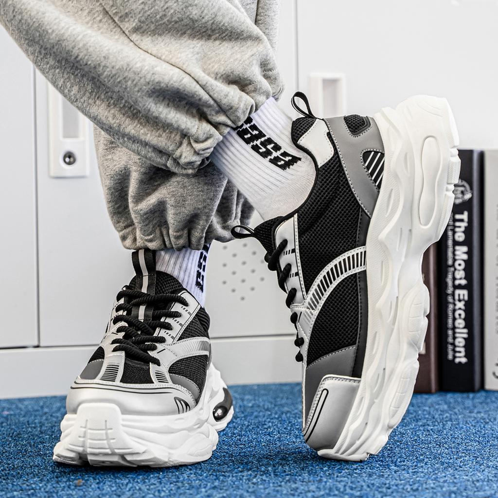 ForeignTrade FashionCasual Leather Mesh Splicing Trend Comfortable and Breathable Low Top Thick Sole Height Increasing Dad Shoes